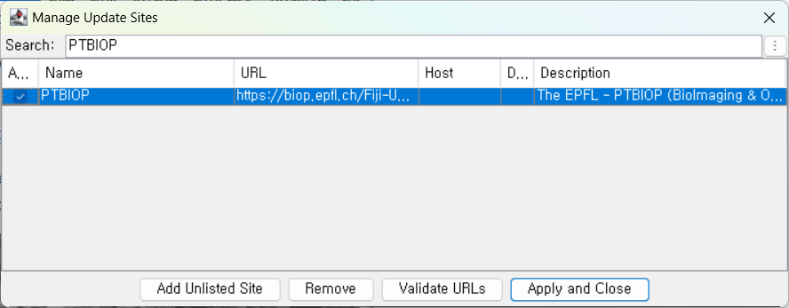 Image of the PTBIOP update site being added