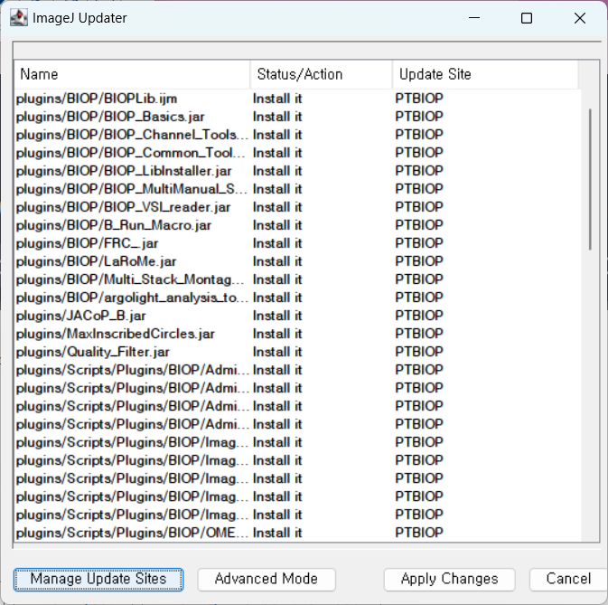 Image of the PTBIOP update site being added