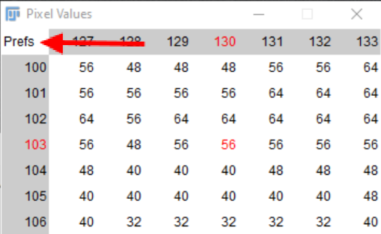 Location of Prefs in the Pixel Values window