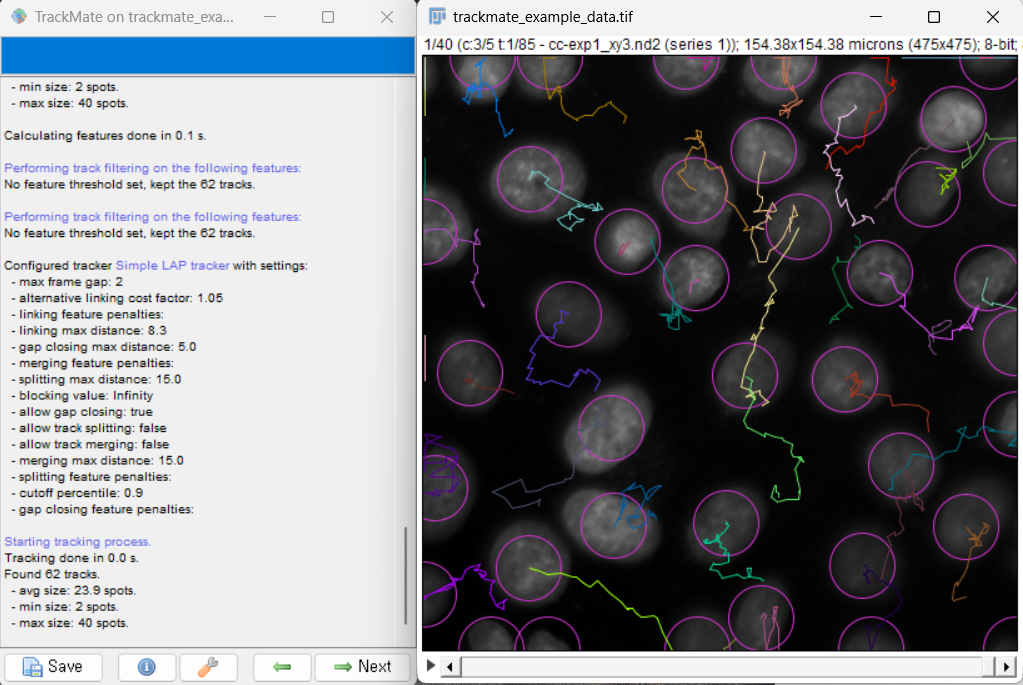 Final Trackmate settings window, with results